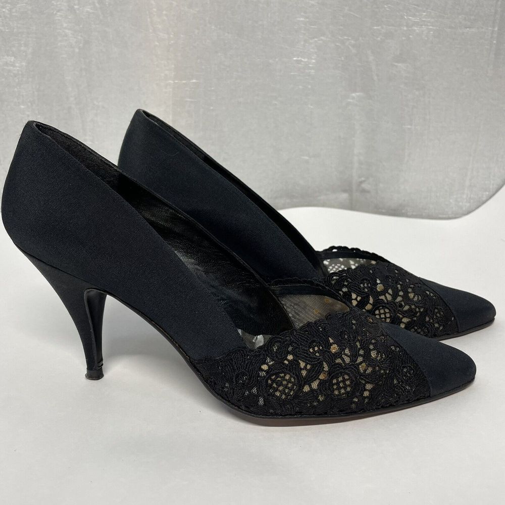 Stuart Weitzman Black Lace Detail Pointed Toe Stiletto 3.5" Heels Formal Shoes‎